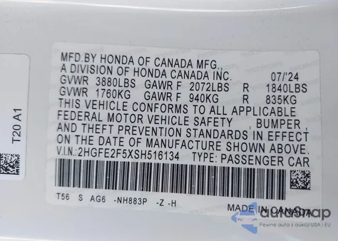 2025 Honda Civic Sport из США, поврежденный, VIN 2HGFE2F5XSH516134